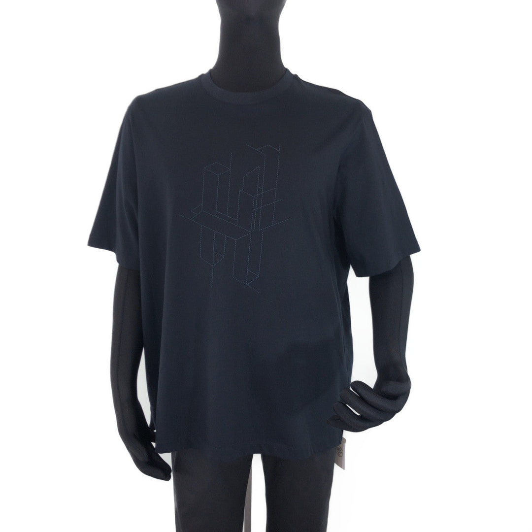 HERMES Short sleeve T-shirt cotton Navy navy blue Short Sleeve Shirts T-Shirts H logo embroidery mens XL Used Authentic