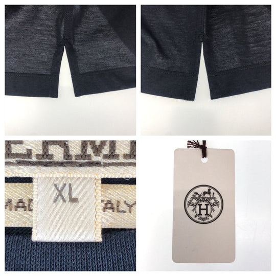 HERMES Short sleeve T-shirt cotton Navy navy blue Short Sleeve Shirts T-Shirts H logo embroidery mens XL Used Authentic