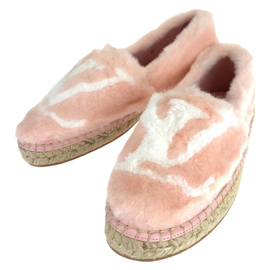 LOUIS VUITTON Slip-on 1A51OI Fake fur Pink white Slip-on espadrilles Seashore Line Women 35 Used Authentic