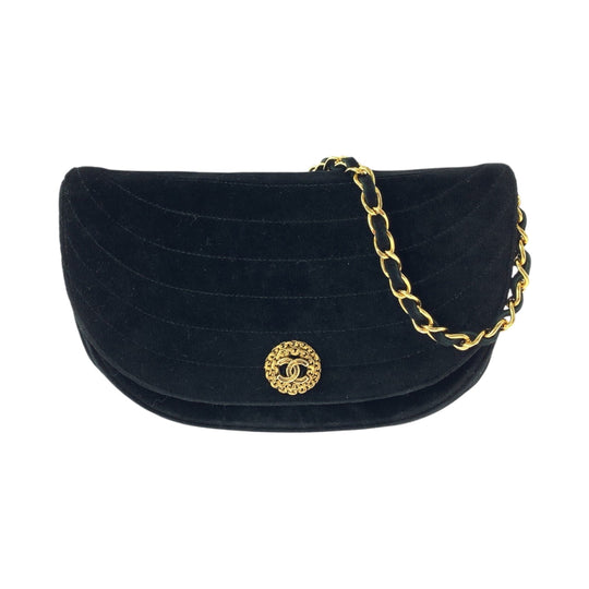 CHANEL Shoulder Bag Velor Black GoldMetal ChainShoulder Bag Pochette Border stitch Half Moon COCO Mark Women Used Authentic
