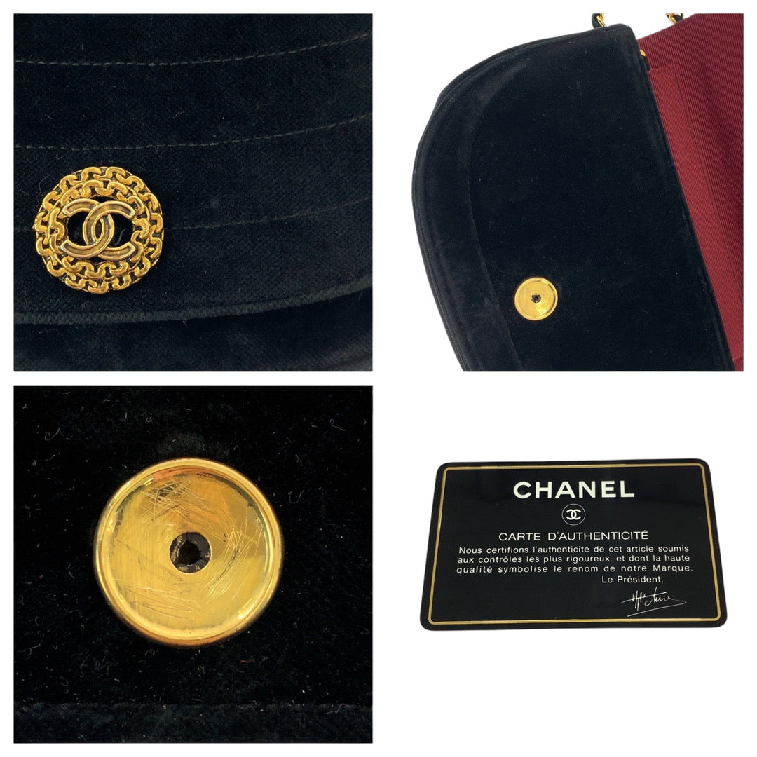 CHANEL Shoulder Bag Velor Black GoldMetal ChainShoulder Bag Pochette Border stitch Half Moon COCO Mark Women Used Authentic