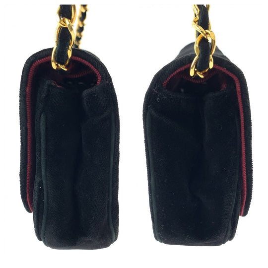 CHANEL Shoulder Bag Velor Black GoldMetal ChainShoulder Bag Pochette Border stitch Half Moon COCO Mark Women Used Authentic