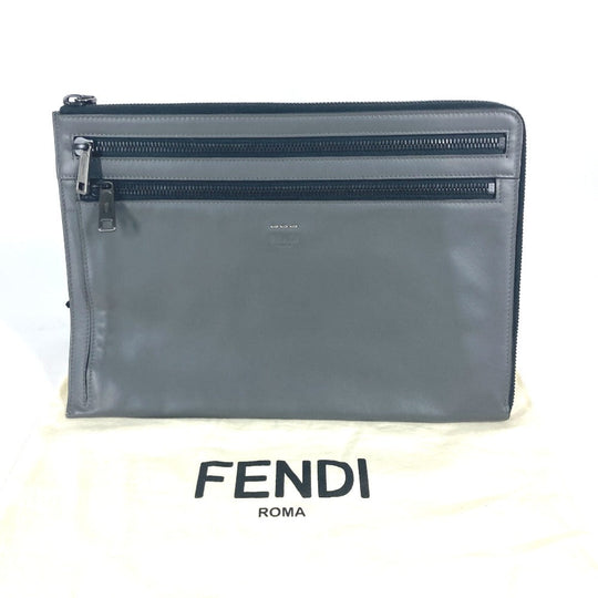 FENDI Clutch bag 7M0237 leather gray Zip mens Used Authentic