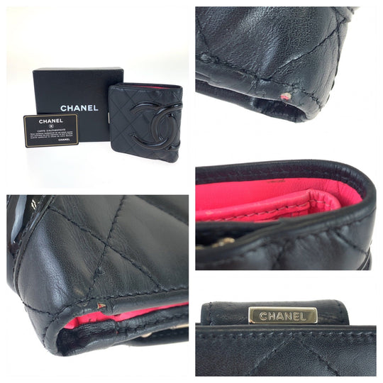 CHANEL Bifold Wallet lambskin Black pink Folding wallet Compact wallet Cambon line COCO Mark Women Used Authentic