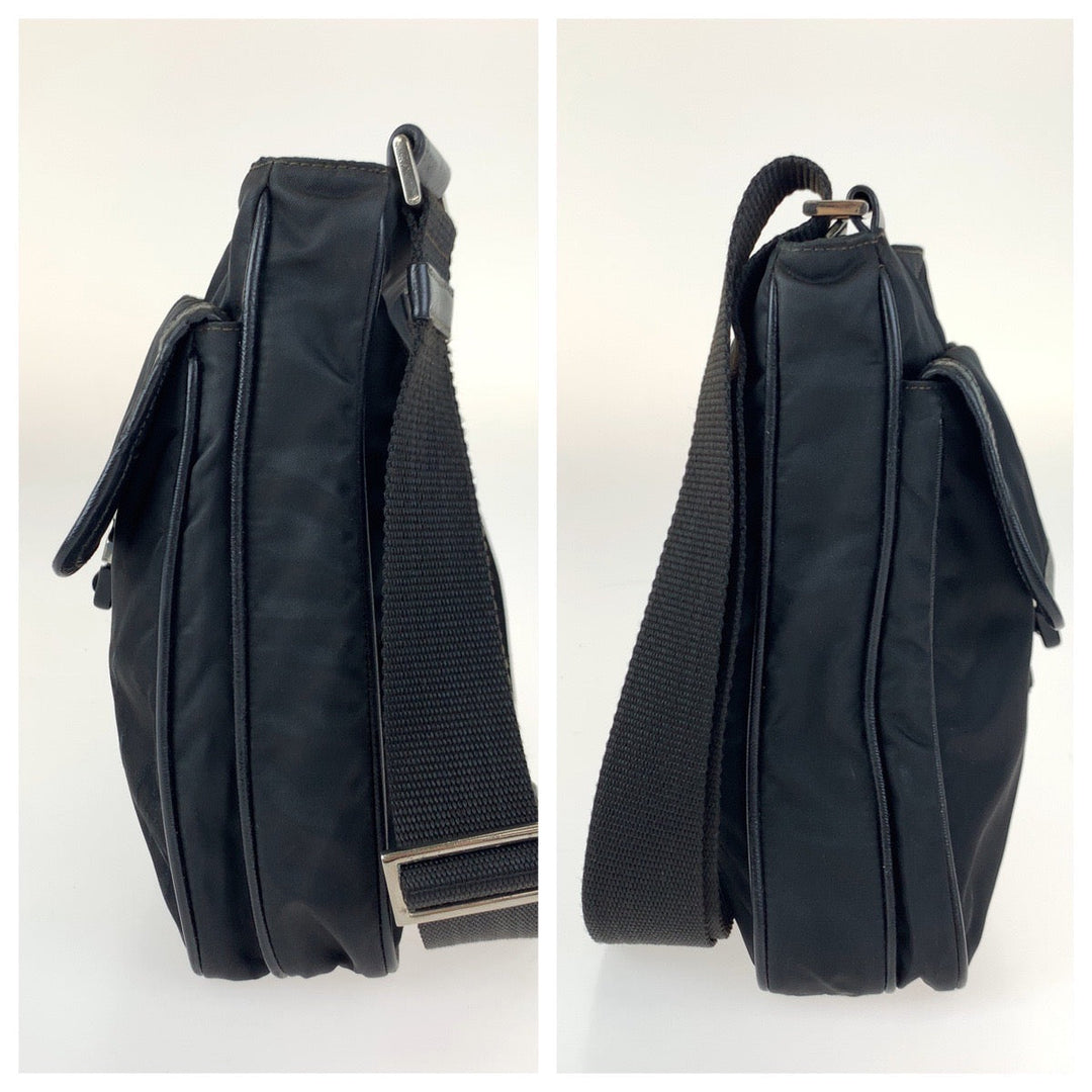 PRADA Shoulder Bag Nylon Black SilverMetal Crossbody Shoulder Bag Messenger Bag Triangle With logo Test mens Used Authentic
