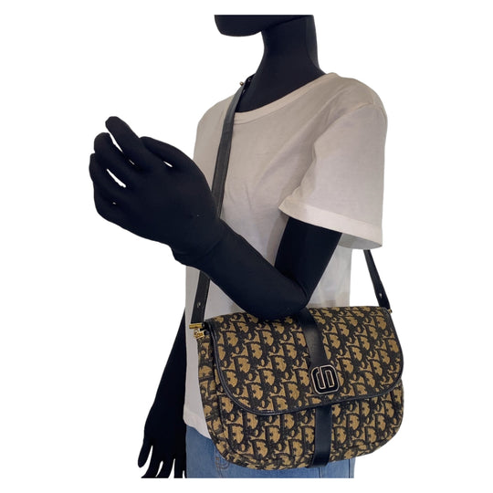 Dior Shoulder Bag canvas Navy Gold Metal Crossbody Shoulder Bag Trotter Women Used Authentic