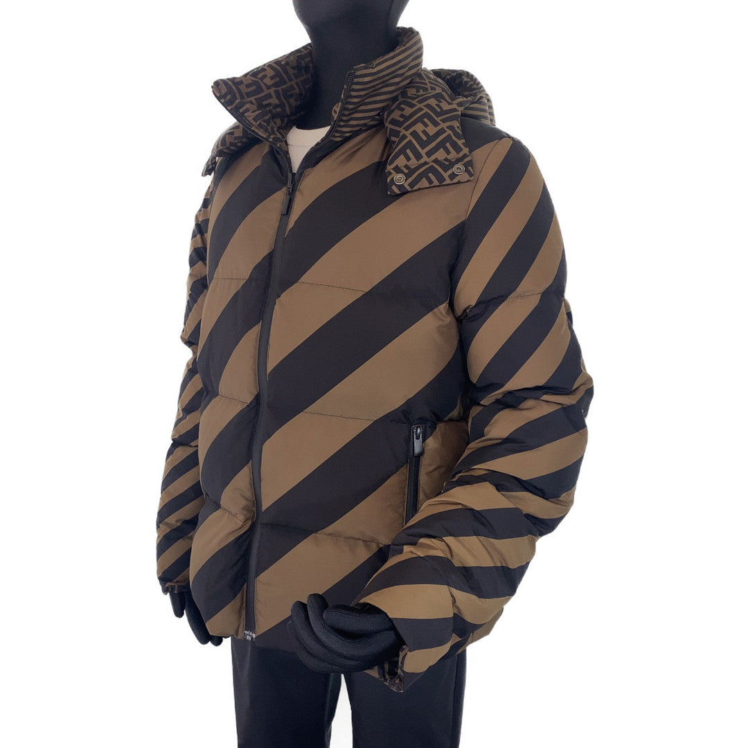 FENDI Down jacket FAA582 A790 polyester khaki black black Down Jacket Puffer Jacket Zucca Pattern Pecan Pattern mens 50 Used Authentic
