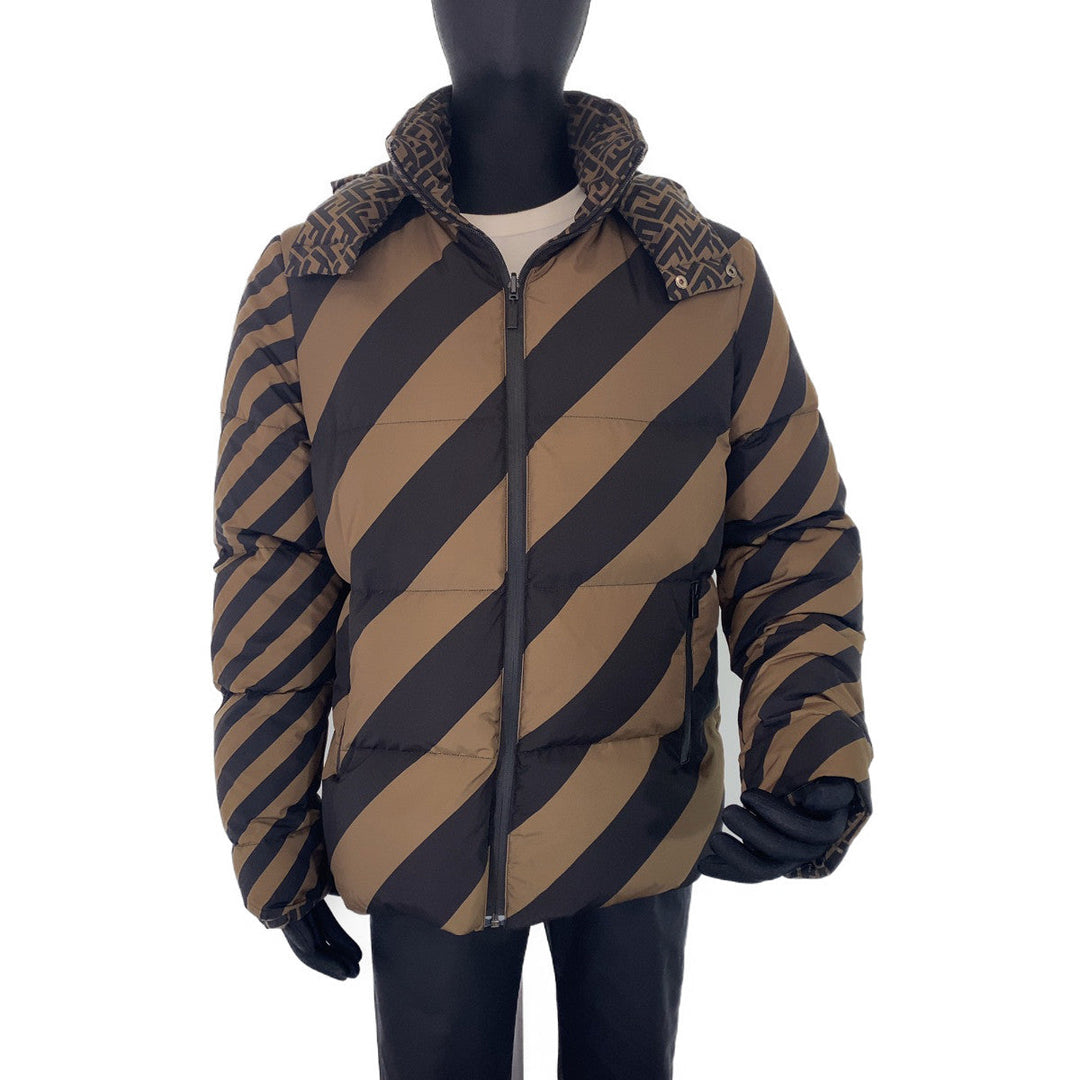 FENDI Down jacket FAA582 A790 polyester khaki black black Down Jacket Puffer Jacket Zucca Pattern Pecan Pattern mens 50 Used Authentic
