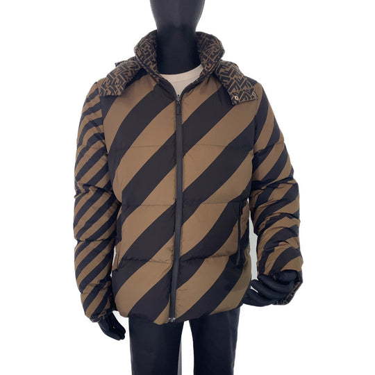 FENDI Down jacket FAA582 A790 polyester khaki black black Down Jacket Puffer Jacket Zucca Pattern Pecan Pattern mens 50 Used Authentic