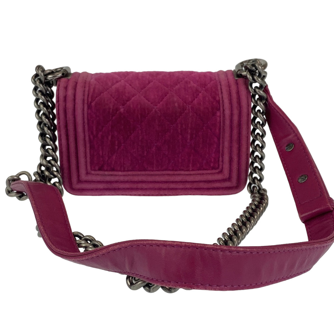 CHANEL Shoulder Bag Velour, Leather Pink Gunmetal Metal ChainShoulder Bag Pochette Mini Boy Chanel Matelasse Women Used Authentic