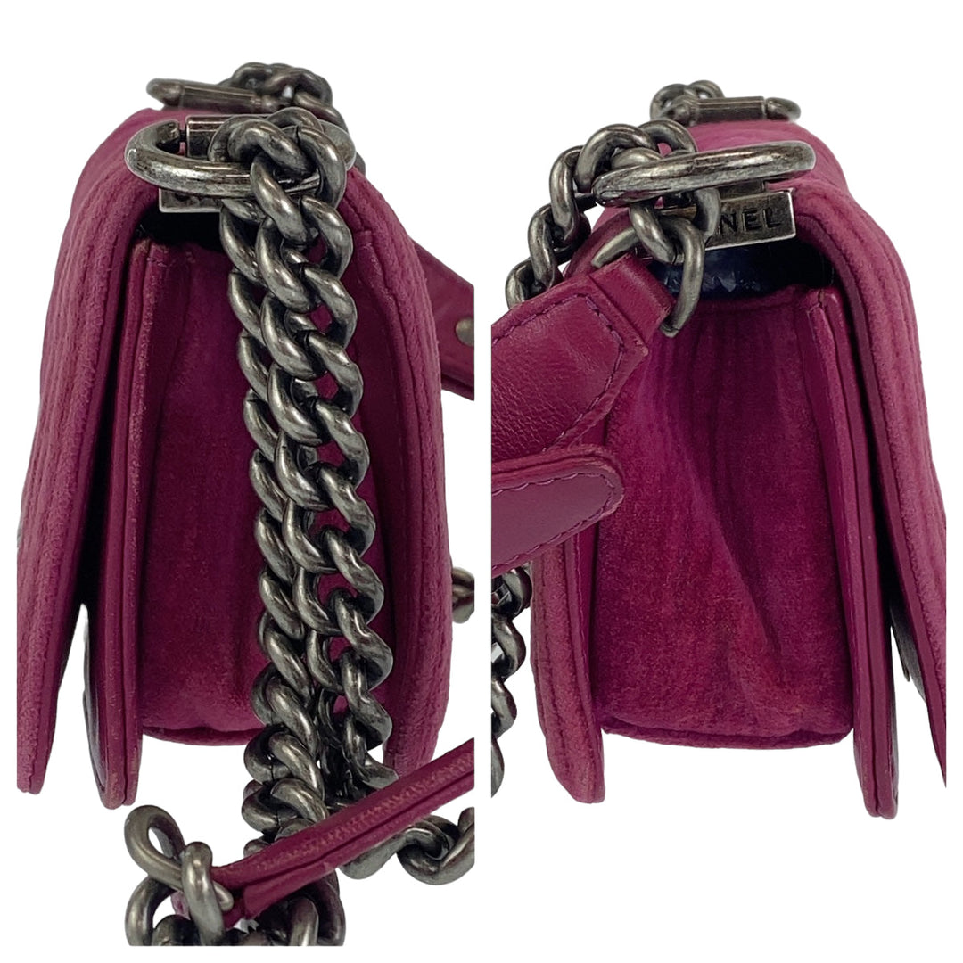 CHANEL Shoulder Bag Velour, Leather Pink Gunmetal Metal ChainShoulder Bag Pochette Mini Boy Chanel Matelasse Women Used Authentic