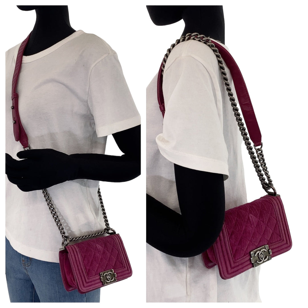 CHANEL Shoulder Bag Velour, Leather Pink Gunmetal Metal ChainShoulder Bag Pochette Mini Boy Chanel Matelasse Women Used Authentic