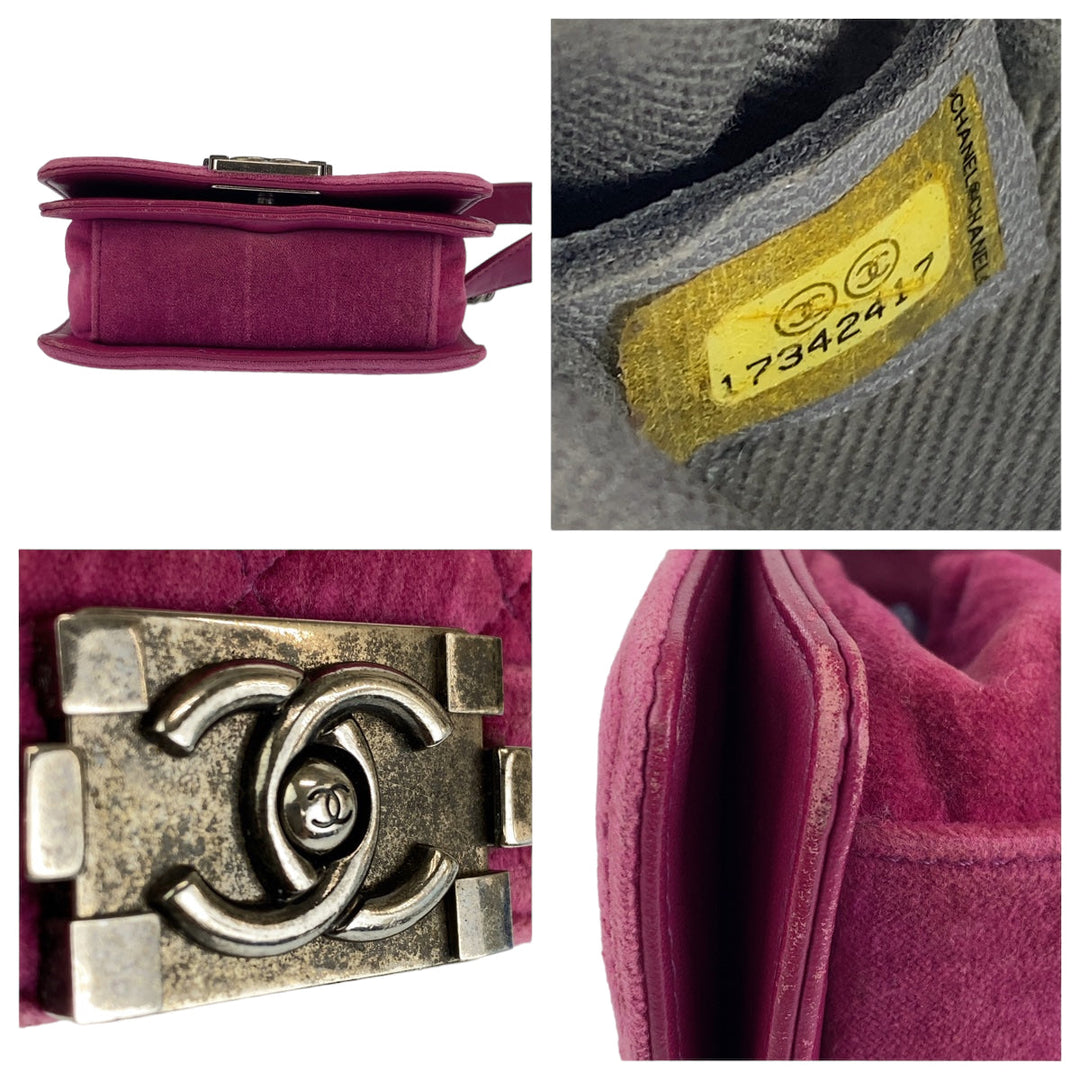 CHANEL Shoulder Bag Velour, Leather Pink Gunmetal Metal ChainShoulder Bag Pochette Mini Boy Chanel Matelasse Women Used Authentic