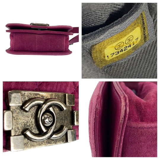 CHANEL Shoulder Bag Velour, Leather Pink Gunmetal Metal ChainShoulder Bag Pochette Mini Boy Chanel Matelasse Women Used Authentic