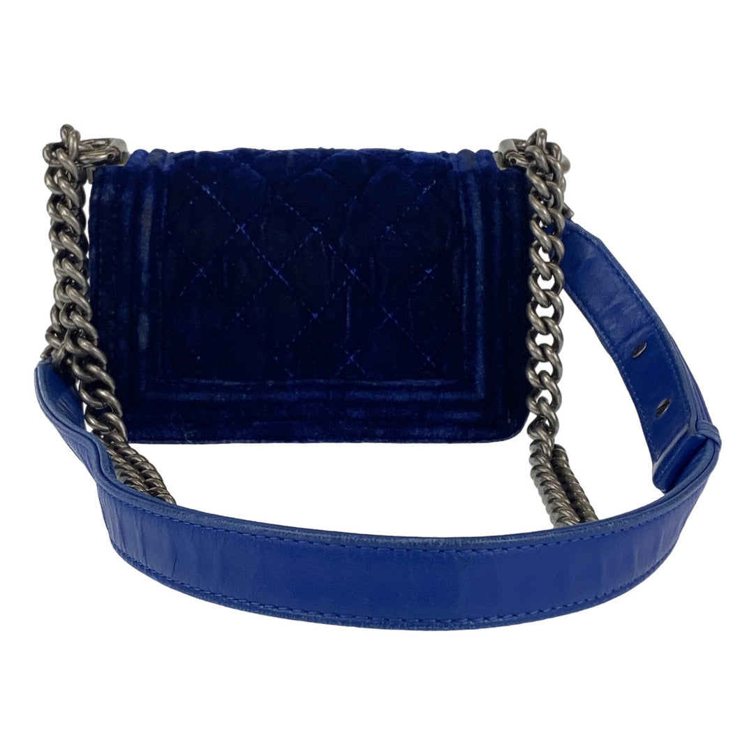CHANEL Shoulder Bag Velour, Leather Blue Gunmetal Shoulder Bag Handbag Pochette Mini Boy Chanel Matelasse Women Used Authentic