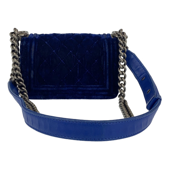 CHANEL Shoulder Bag Velour, Leather Blue Gunmetal Shoulder Bag Handbag Pochette Mini Boy Chanel Matelasse Women Used Authentic