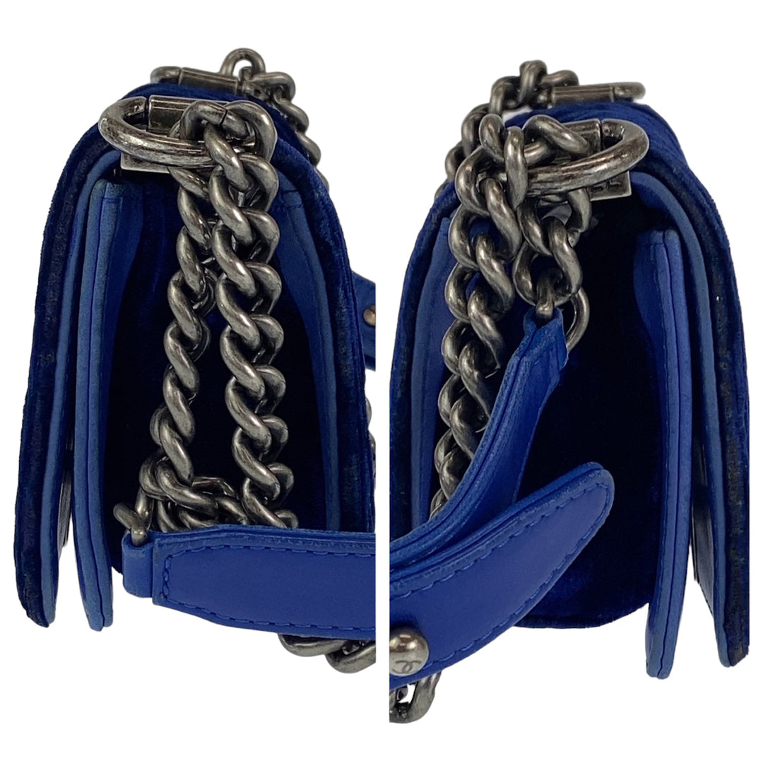 CHANEL Shoulder Bag Velour, Leather Blue Gunmetal Shoulder Bag Handbag Pochette Mini Boy Chanel Matelasse Women Used Authentic