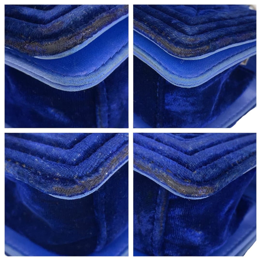 CHANEL Shoulder Bag Velour, Leather Blue Gunmetal Shoulder Bag Handbag Pochette Mini Boy Chanel Matelasse Women Used Authentic