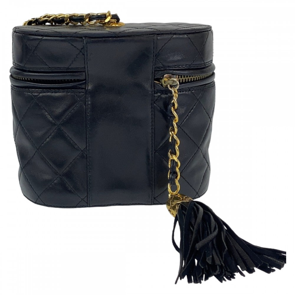CHANEL Shoulder Bag lambskin Black Gold Metal Crossbody Shoulder Bag Vanity Bag COCO Mark Fringe Women Used Authentic