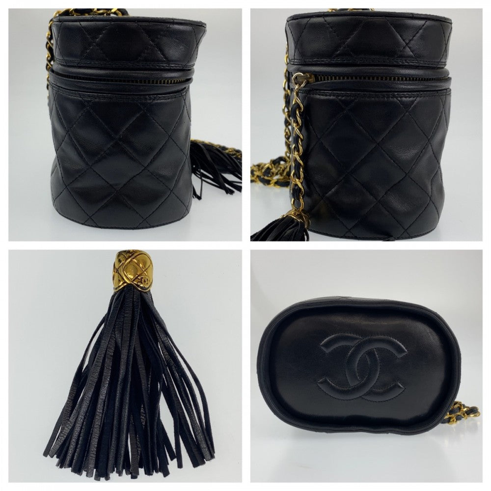 CHANEL Shoulder Bag lambskin Black Gold Metal Crossbody Shoulder Bag Vanity Bag COCO Mark Fringe Women Used Authentic