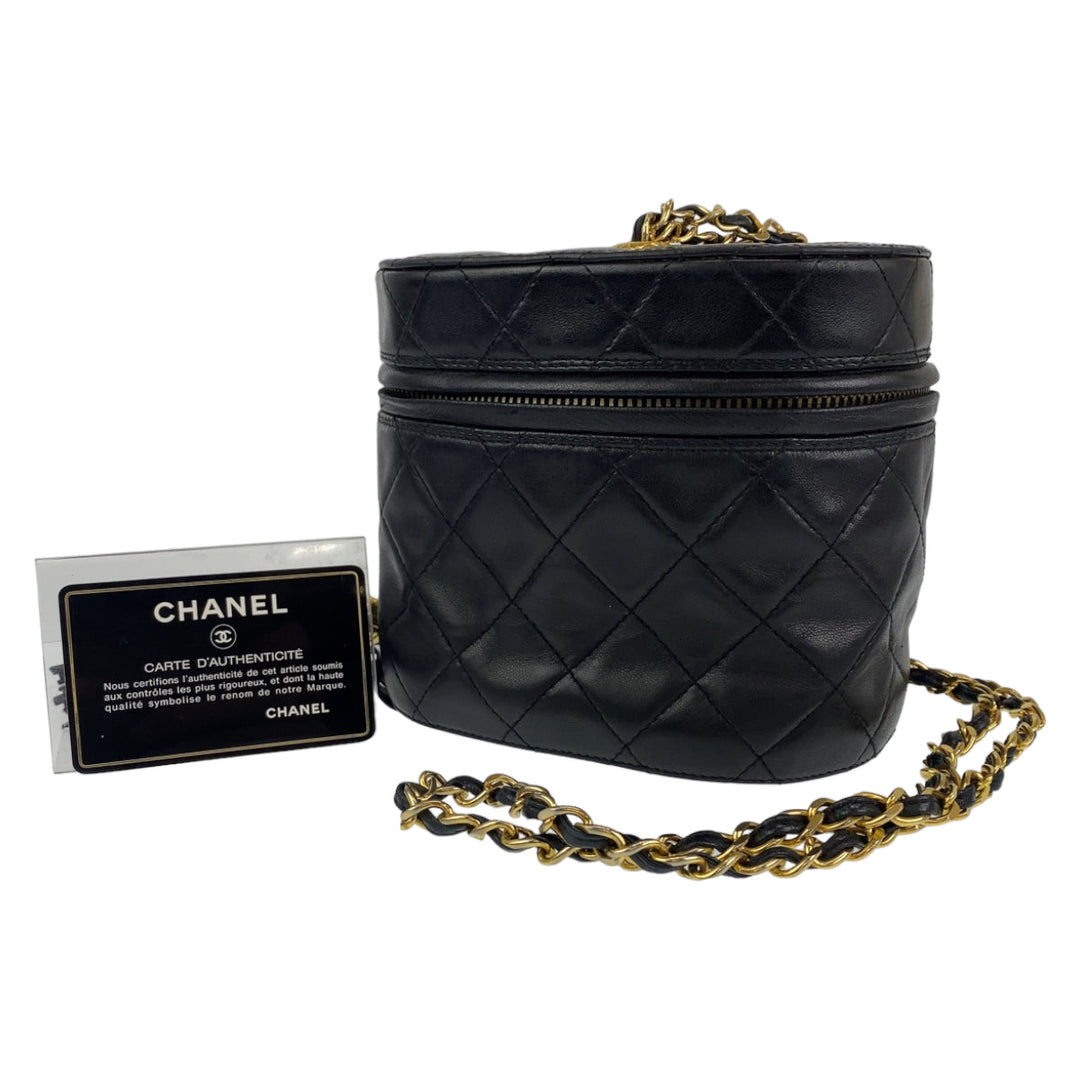 CHANEL Shoulder Bag lambskin Black Gold Metal Crossbody Shoulder Bag Vanity Bag COCO Mark Fringe Women Used Authentic