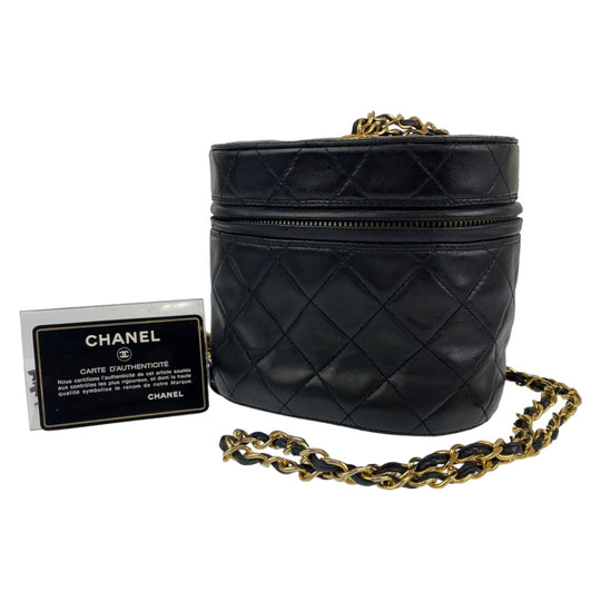 CHANEL Shoulder Bag lambskin Black Gold Metal Crossbody Shoulder Bag Vanity Bag COCO Mark Fringe Women Used Authentic