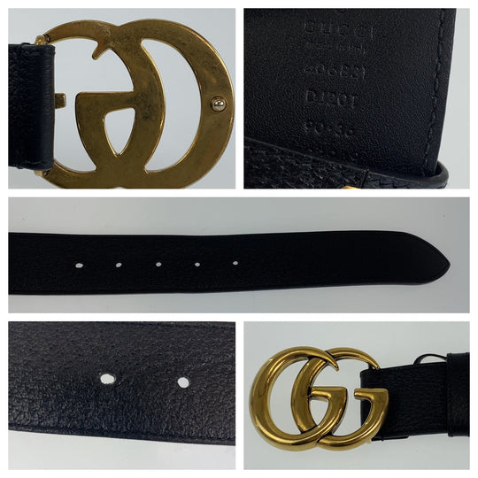 GUCCI belt leather Black gold belt buckle belt GG Marmont mens 36 Used Authentic