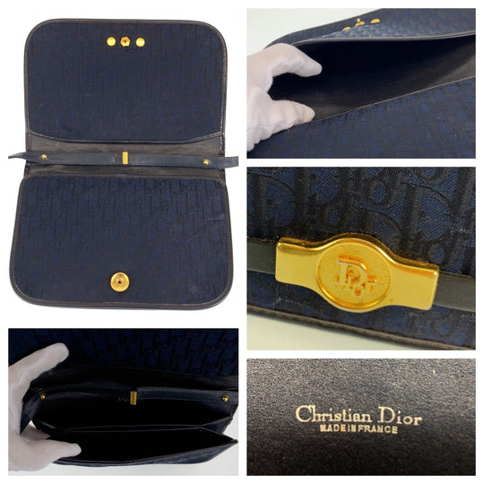 Dior Shoulder Bag Canvas, Leather Navy Gold Metal Crossbody Shoulder Bag Trotter Women Used Authentic