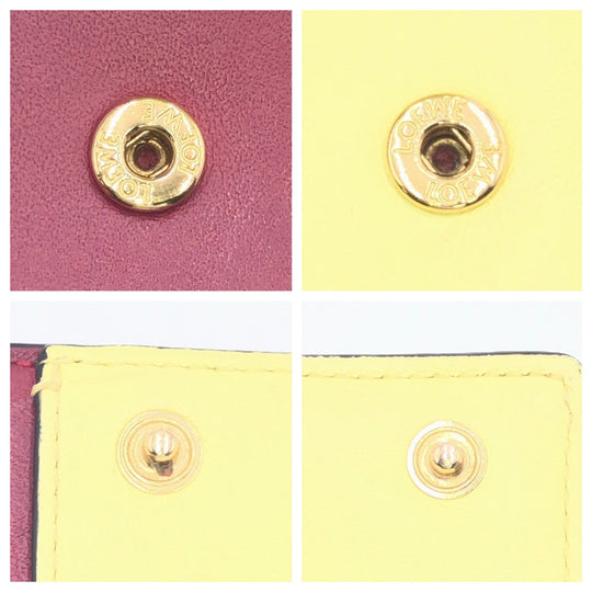 LOEWE Tri-fold wallet leather Bordeaux Yellow Folding wallet Compact wallet anagram Color block Women Used Authentic