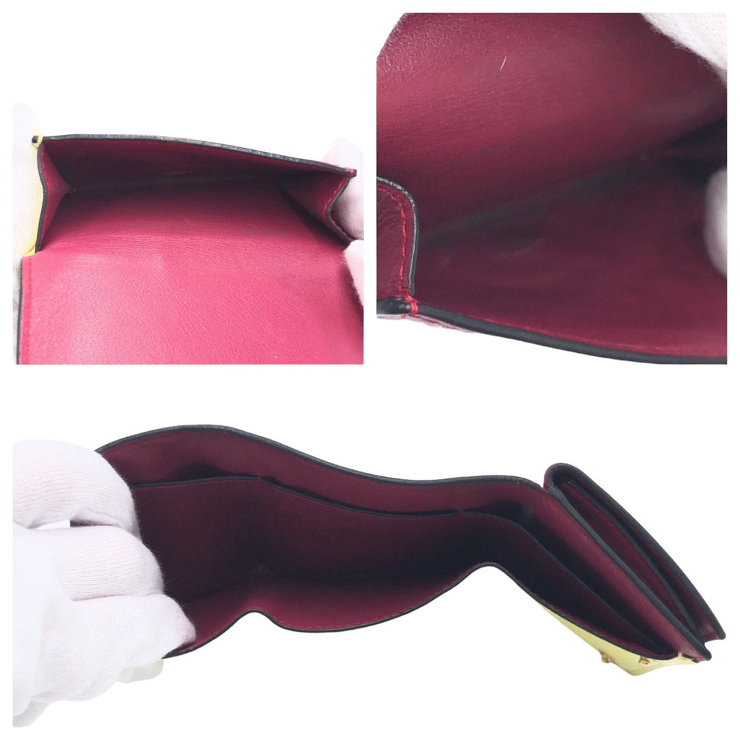 LOEWE Tri-fold wallet leather Bordeaux Yellow Folding wallet Compact wallet anagram Color block Women Used Authentic