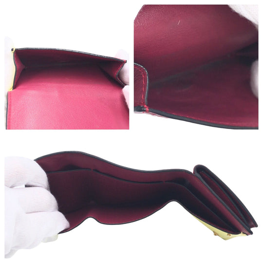 LOEWE Tri-fold wallet leather Bordeaux Yellow Folding wallet Compact wallet anagram Color block Women Used Authentic