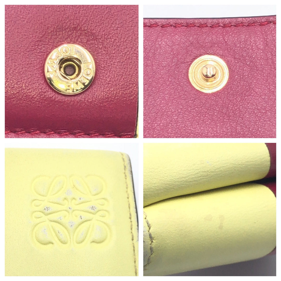 LOEWE Tri-fold wallet leather Bordeaux Yellow Folding wallet Compact wallet anagram Color block Women Used Authentic