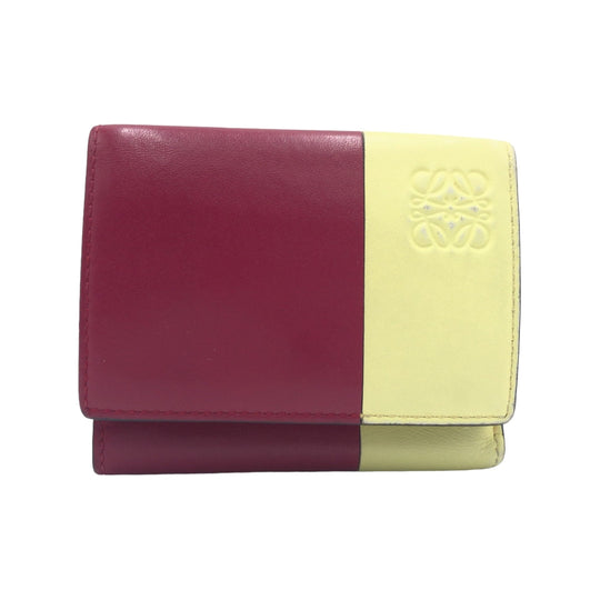 LOEWE Tri-fold wallet leather Bordeaux Yellow Folding wallet Compact wallet anagram Color block Women Used Authentic