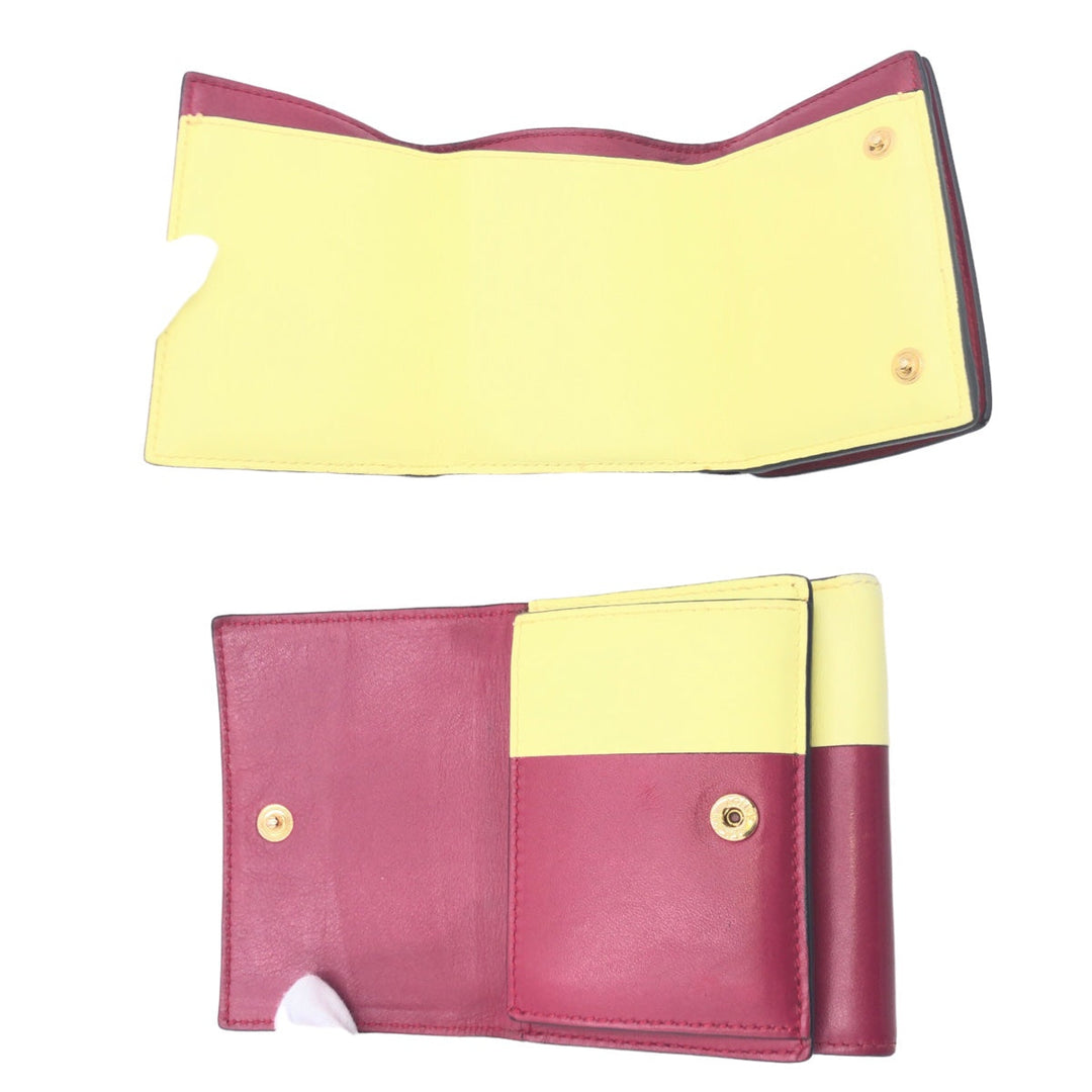 LOEWE Tri-fold wallet leather Bordeaux Yellow Folding wallet Compact wallet anagram Color block Women Used Authentic