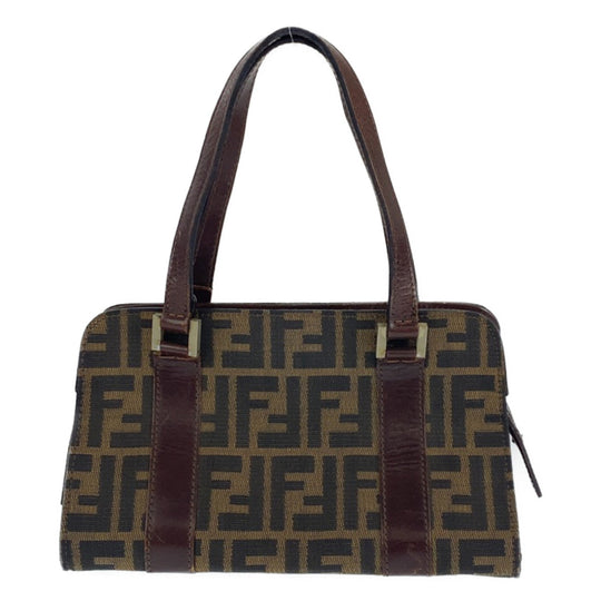 FENDI Shoulder Bag Canvas, Leather Brown Silver Metal Shoulder Bag Handbag Tote Bag Zucca Pattern Women Used Authentic