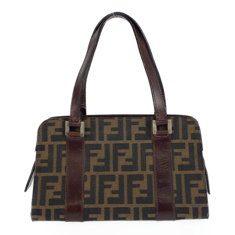 FENDI Shoulder Bag Canvas, Leather Brown Silver Metal Shoulder Bag Handbag Tote Bag Zucca Pattern Women Used Authentic