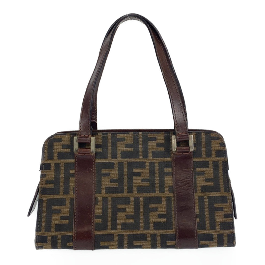 FENDI Shoulder Bag Canvas, Leather Brown Silver Metal Shoulder Bag Handbag Tote Bag Zucca Pattern Women Used Authentic
