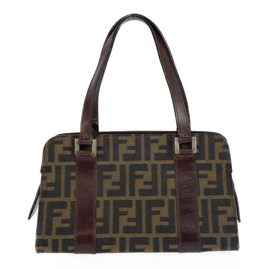 FENDI Shoulder Bag Canvas, Leather Brown Silver Metal Shoulder Bag Handbag Tote Bag Zucca Pattern Women Used Authentic
