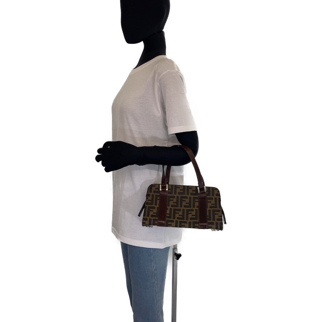 FENDI Shoulder Bag Canvas, Leather Brown Silver Metal Shoulder Bag Handbag Tote Bag Zucca Pattern Women Used Authentic