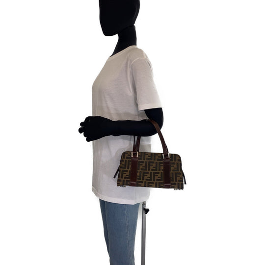 FENDI Shoulder Bag Canvas, Leather Brown Silver Metal Shoulder Bag Handbag Tote Bag Zucca Pattern Women Used Authentic