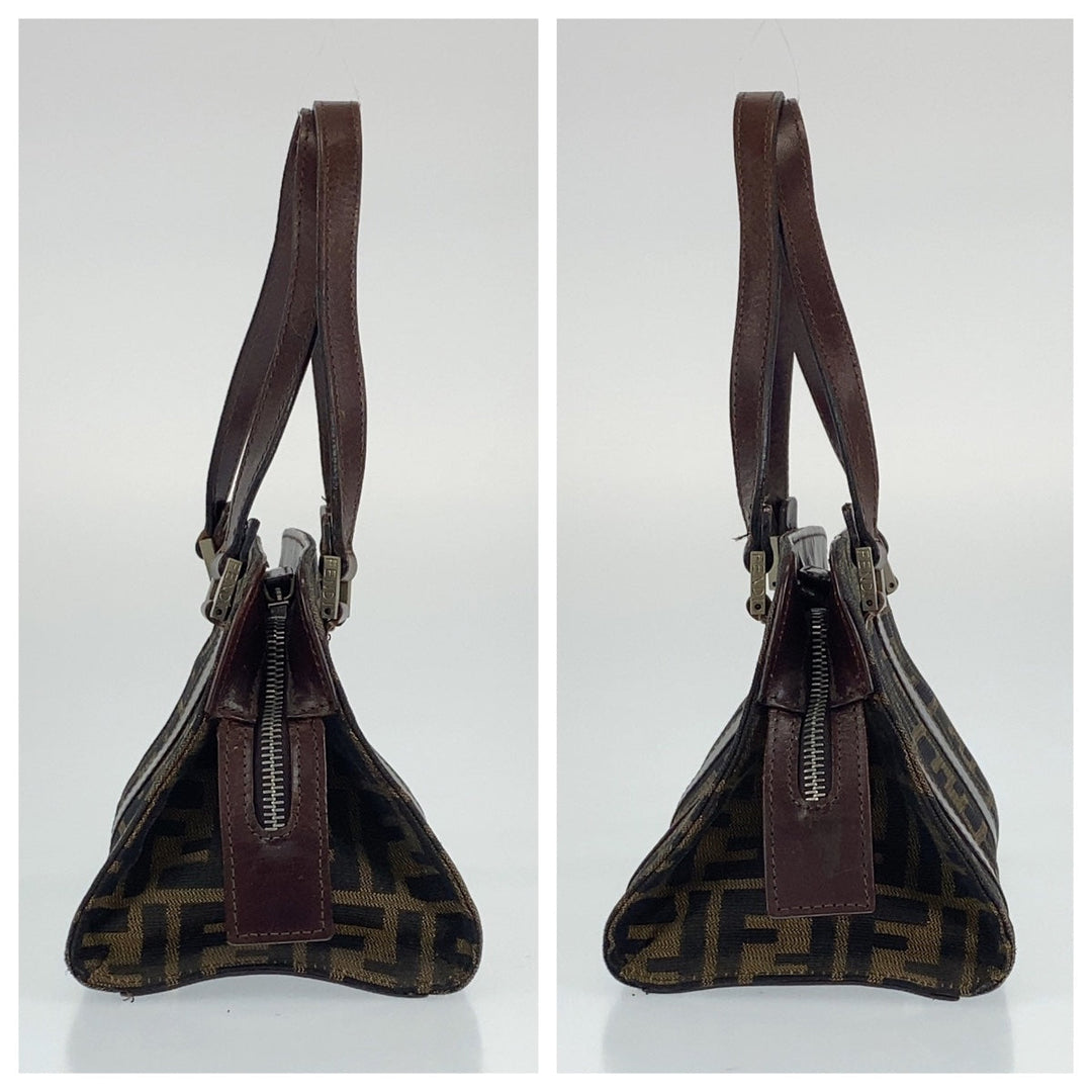 FENDI Shoulder Bag Canvas, Leather Brown Silver Metal Shoulder Bag Handbag Tote Bag Zucca Pattern Women Used Authentic