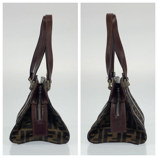 FENDI Shoulder Bag Canvas, Leather Brown Silver Metal Shoulder Bag Handbag Tote Bag Zucca Pattern Women Used Authentic