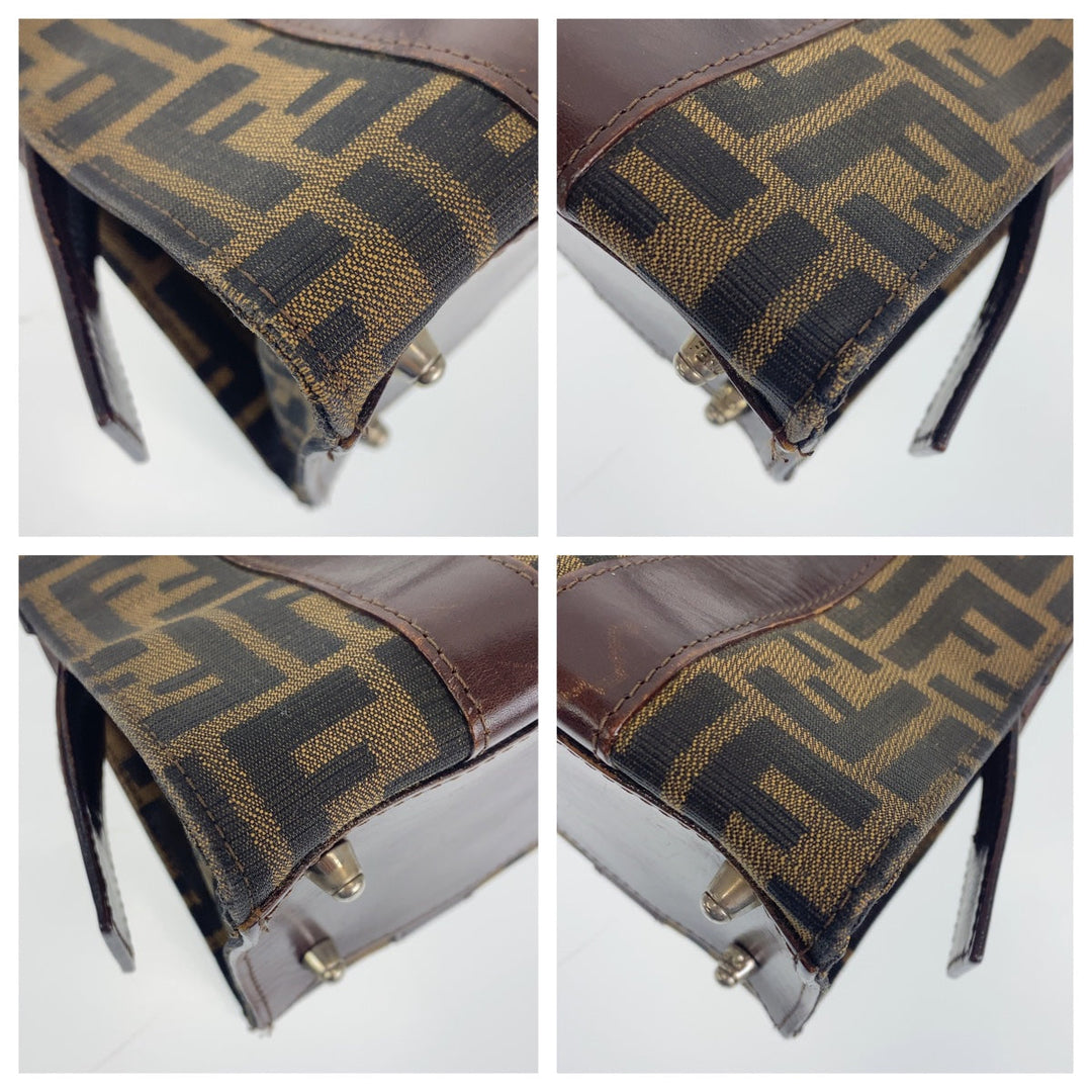 FENDI Shoulder Bag Canvas, Leather Brown Silver Metal Shoulder Bag Handbag Tote Bag Zucca Pattern Women Used Authentic