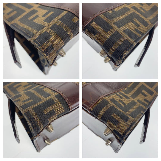 FENDI Shoulder Bag Canvas, Leather Brown Silver Metal Shoulder Bag Handbag Tote Bag Zucca Pattern Women Used Authentic