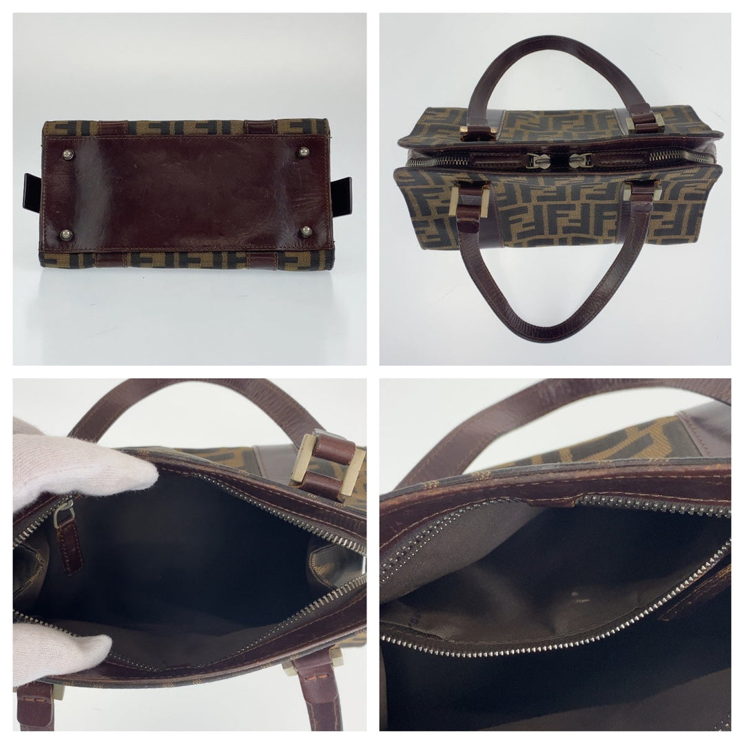 FENDI Shoulder Bag Canvas, Leather Brown Silver Metal Shoulder Bag Handbag Tote Bag Zucca Pattern Women Used Authentic