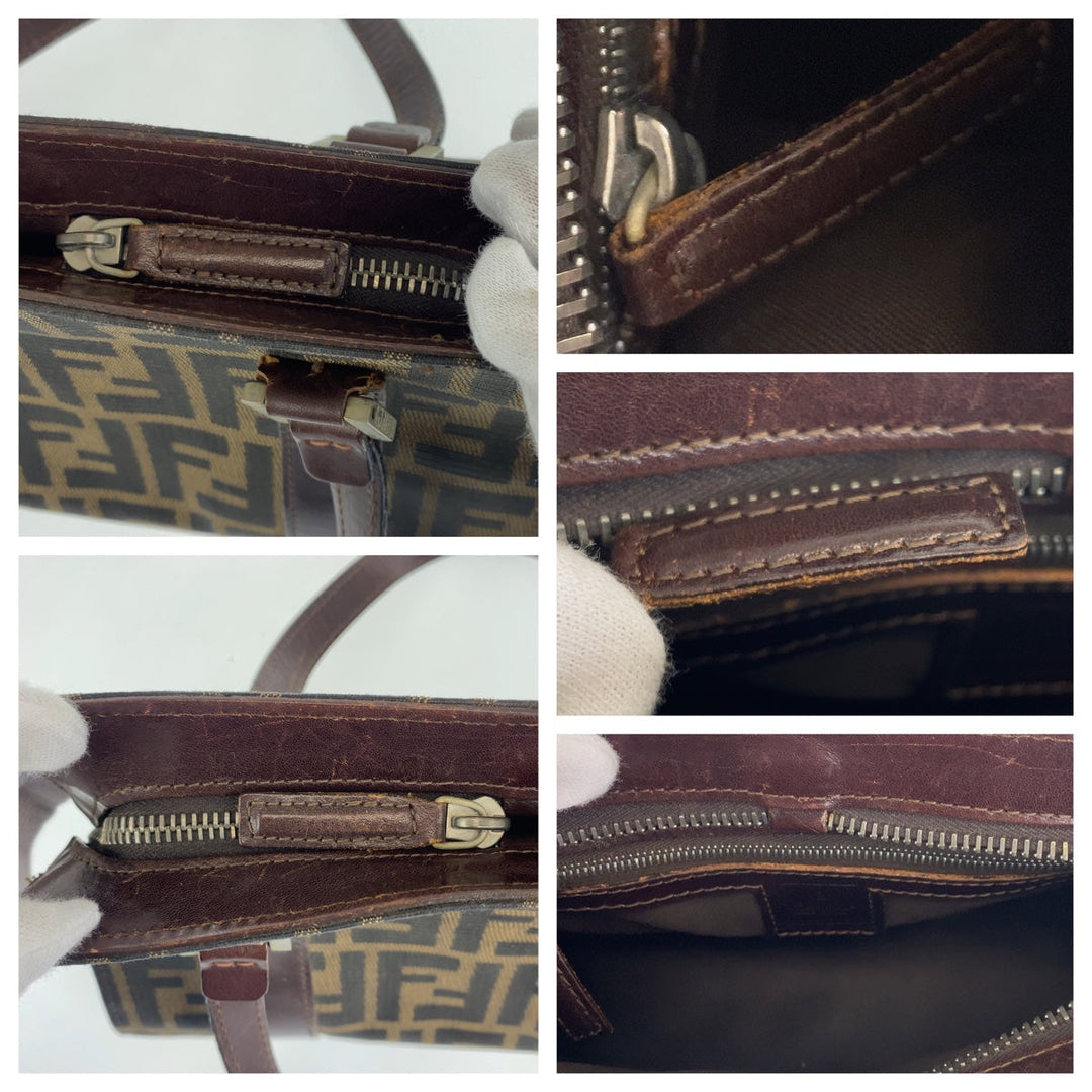 FENDI Shoulder Bag Canvas, Leather Brown Silver Metal Shoulder Bag Handbag Tote Bag Zucca Pattern Women Used Authentic