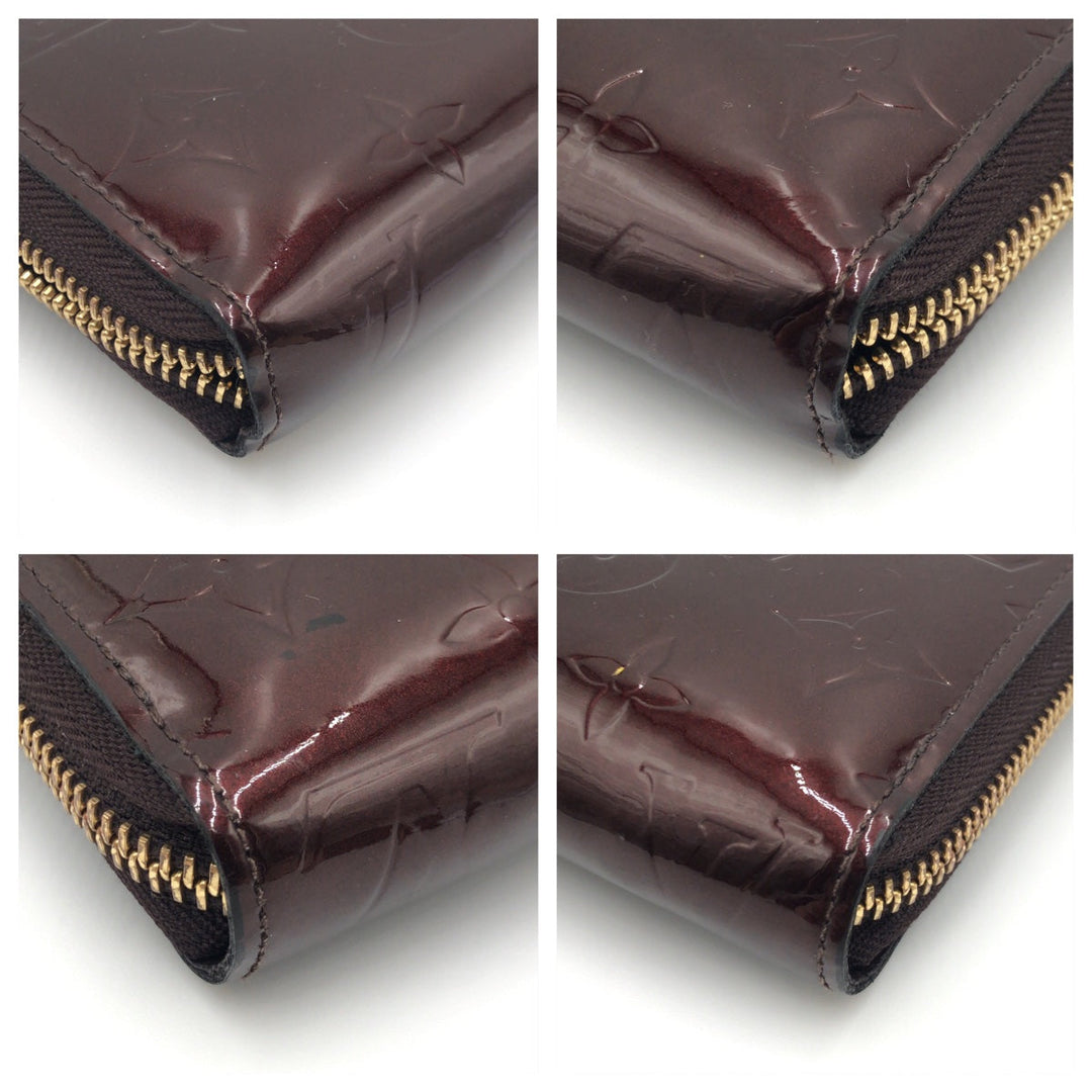 LOUIS VUITTON Long Wallet Purse M93522 Patent leather Amaranth Gold Metal Long Wallet Purse Round Zip Monogram Vernis Zippy wallet Women Used Authentic