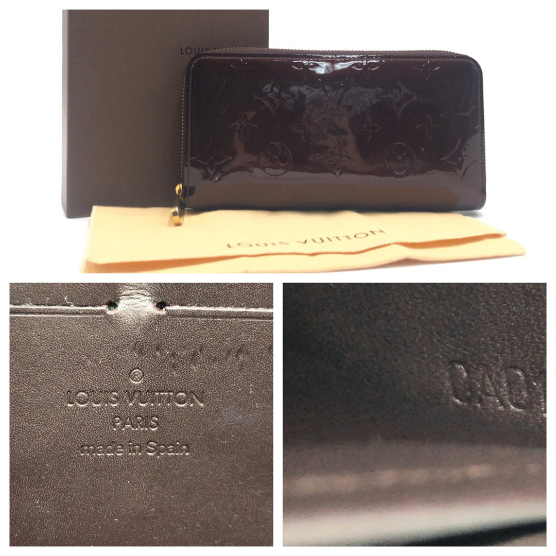 LOUIS VUITTON Long Wallet Purse M93522 Patent leather Amaranth Gold Metal Long Wallet Purse Round Zip Monogram Vernis Zippy wallet Women Used Authentic