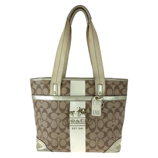 COACH Tote Bag 11350 PVC Brown Signature Heritage Stripe