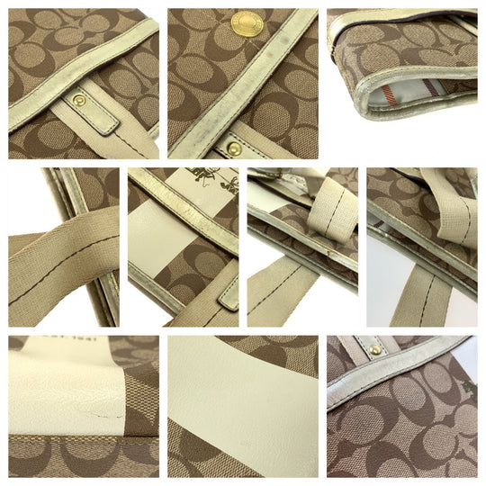 COACH Tote Bag 11350 PVC Brown Signature Heritage Stripe